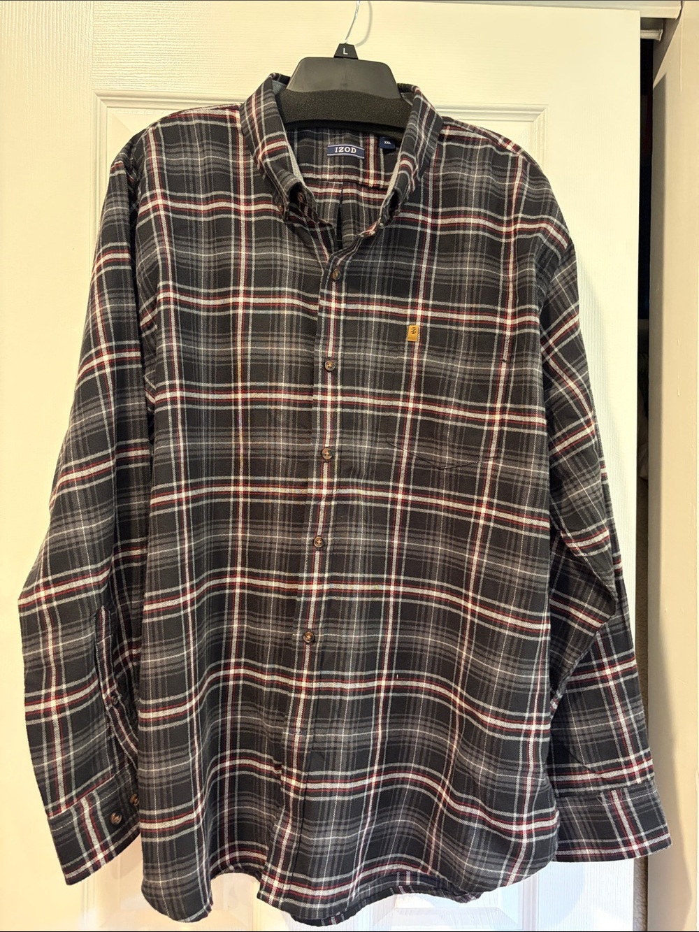 Izod Men’s Black and White Plaid Button-Down Shirt with Red Accents